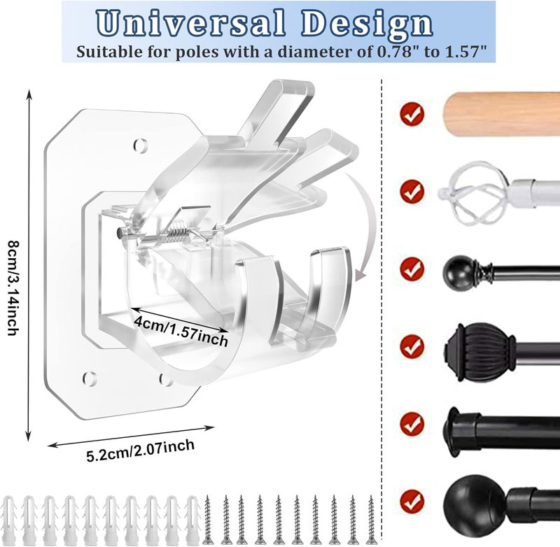 Codoule 8PCS Upgraded No Drill Curtain Rod Brackets No Drilling Curtain Rod Holders Self Adhesive Curtain Rod Hooks Nail Free Adjustable Curtain Hangers Suitable for Poles of 0.78~1.57 Inch(Transparent) - Image 2